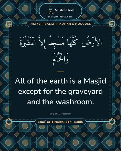 Jami` at-Tirmidhi 317 · Sahih: All of the earth is a Masjid except for the graveyard and the washroom.