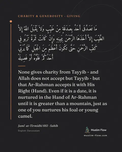 Jami` at-Tirmidhi 661 · Sahih: None gives charity from Tayyib - and Allah does not accept but Tayyib - but that Ar-Rahman accepts…