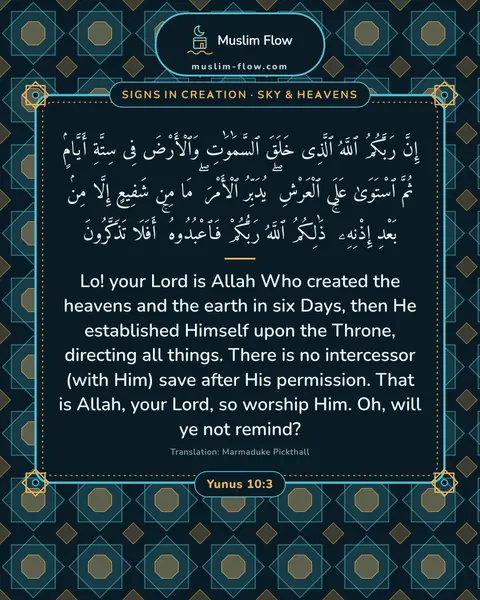 Yunus 10:3: Lo! your Lord is Allah Who created the heavens and the earth in six Days, then He established…