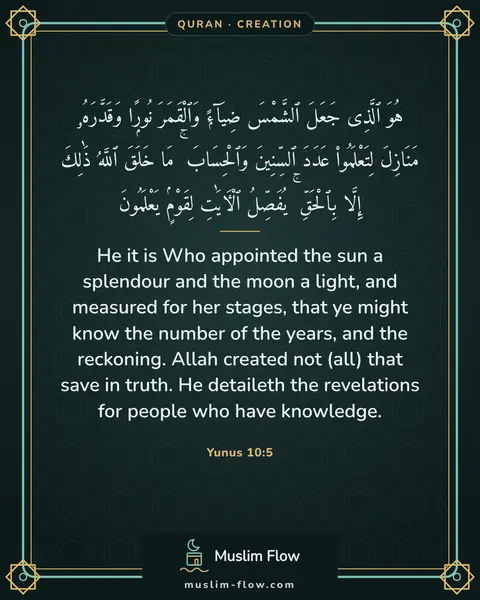 Yunus 10:5: He it is Who appointed the sun a splendour and the moon a light, and measured for her stages, that…