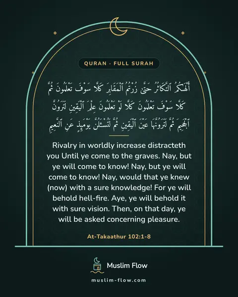 At-Takaathur 102:1-8: Rivalry in worldly increase distracteth you Until ye come to the graves. Nay, but ye will come to…