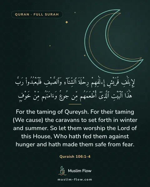 Quraish 106:1-4: For the taming of Qureysh. For their taming (We cause) the caravans to set forth in winter and…