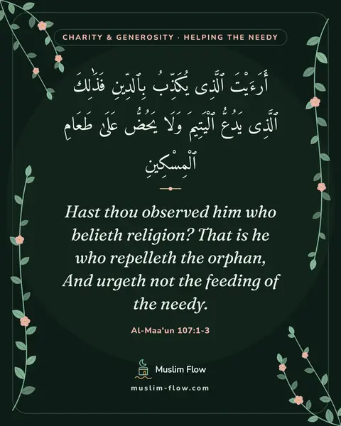 Al-Maa'un 107:1-3: Hast thou observed him who belieth religion? That is he who repelleth the orphan, And urgeth not…