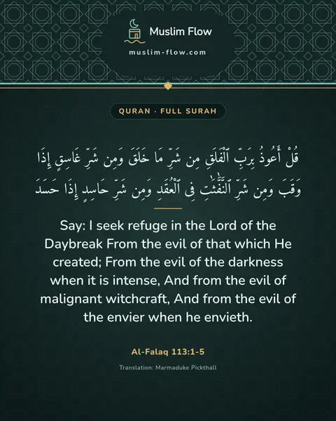 Al-Falaq 113:1-5: Say: I seek refuge in the Lord of the Daybreak From the evil of that which He created; From the…