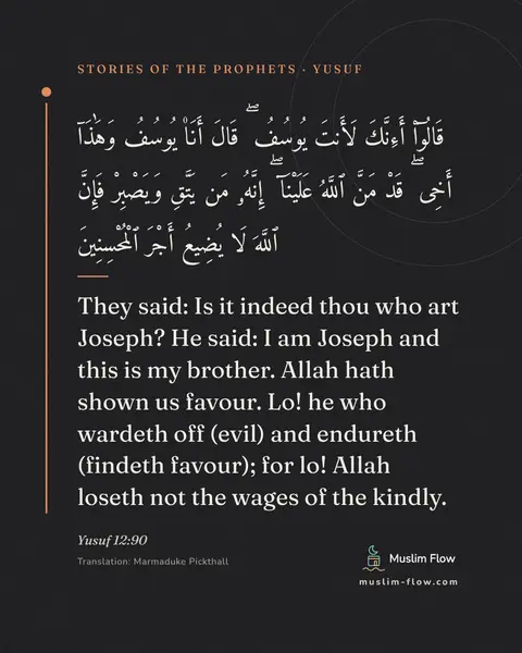 Yusuf 12:90: They said: Is it indeed thou who art Joseph? He said: I am Joseph and this is my brother. Allah…