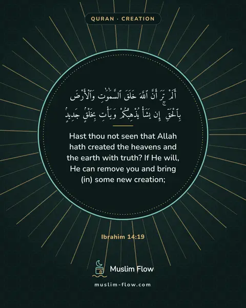 Ibrahim 14:19: Hast thou not seen that Allah hath created the heavens and the earth with truth? If He will, He can…