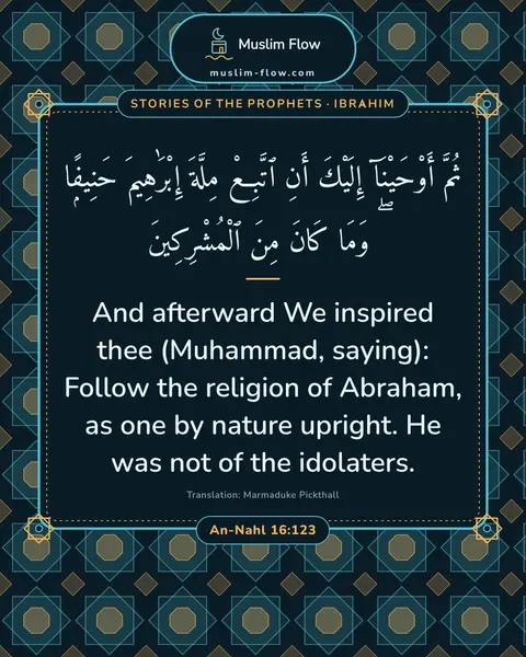 An-Nahl 16:123: And afterward We inspired thee (Muhammad, saying): Follow the religion of Abraham, as one by nature…