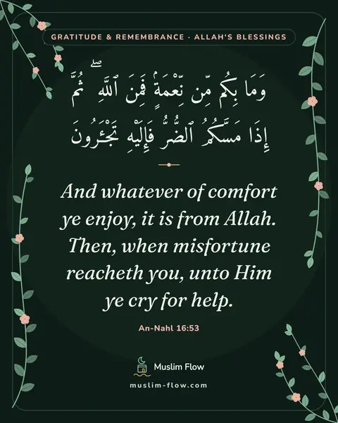An-Nahl 16:53: And whatever of comfort ye enjoy, it is from Allah. Then, when misfortune reacheth you, unto Him ye…