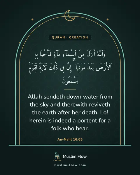 An-Nahl 16:65: Allah sendeth down water from the sky and therewith reviveth the earth after her death. Lo! herein…