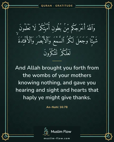 An-Nahl 16:78: And Allah brought you forth from the wombs of your mothers knowing nothing, and gave you hearing…