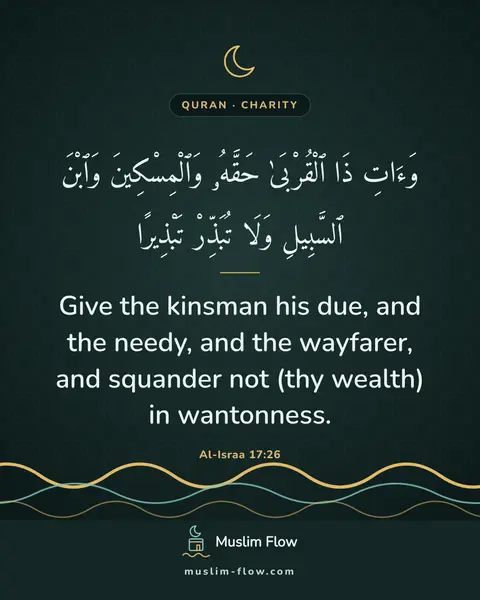 Al-Israa 17:26: Give the kinsman his due, and the needy, and the wayfarer, and squander not (thy wealth) in…