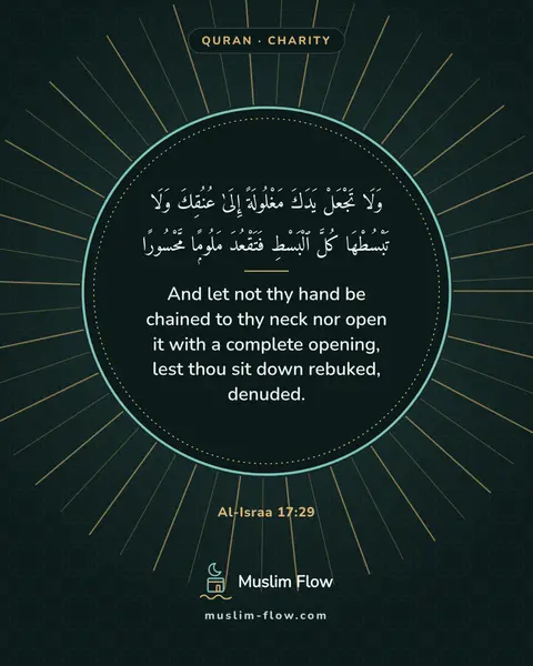 Al-Israa 17:29: And let not thy hand be chained to thy neck nor open it with a complete opening, lest thou sit down…