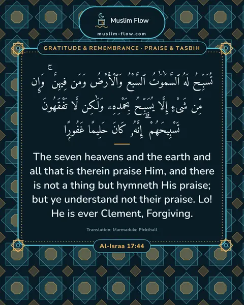Al-Israa 17:44: The seven heavens and the earth and all that is therein praise Him, and there is not a thing but…