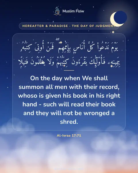 Al-Israa 17:71: On the day when We shall summon all men with their record, whoso is given his book in his right…