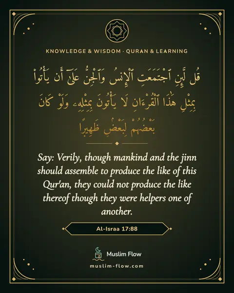 Al-Israa 17:88: Say: Verily, though mankind and the jinn should assemble to produce the like of this Qur'an, they…