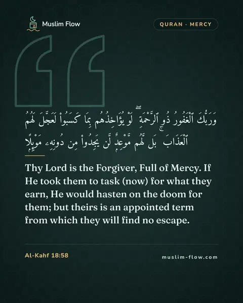 Al-Kahf 18:58: Thy Lord is the Forgiver, Full of Mercy. If He took them to task (now) for what they earn, He would…