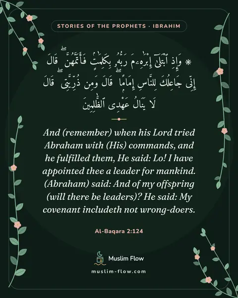 Al-Baqara 2:124: And (remember) when his Lord tried Abraham with (His) commands, and he fulfilled them, He said: Lo!…