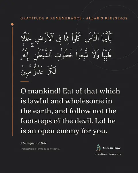 Al-Baqara 2:168: O mankind! Eat of that which is lawful and wholesome in the earth, and follow not the footsteps of…