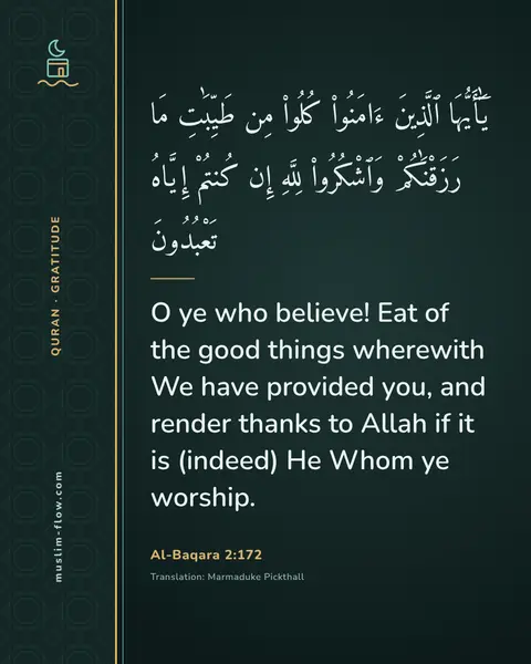 Al-Baqara 2:172: O ye who believe! Eat of the good things wherewith We have provided you, and render thanks to Allah…