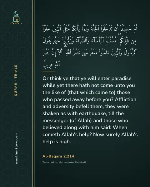 Al-Baqara 2:214: Or think ye that ye will enter paradise while yet there hath not come unto you the like of (that…