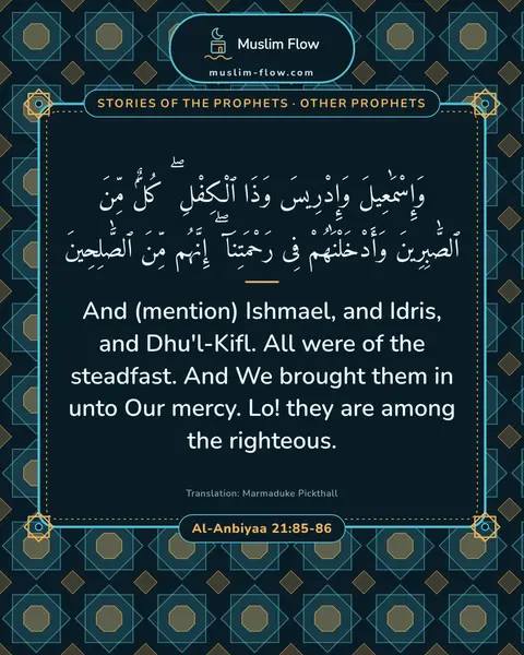 Al-Anbiyaa 21:85-86: And (mention) Ishmael, and Idris, and Dhu'l-Kifl. All were of the steadfast. And We brought them in…