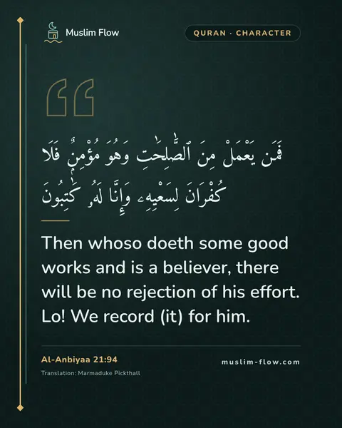 Al-Anbiyaa 21:94: Then whoso doeth some good works and is a believer, there will be no rejection of his effort. Lo!…