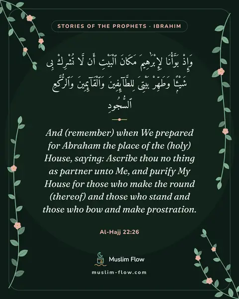 Al-Hajj 22:26: And (remember) when We prepared for Abraham the place of the (holy) House, saying: Ascribe thou no…