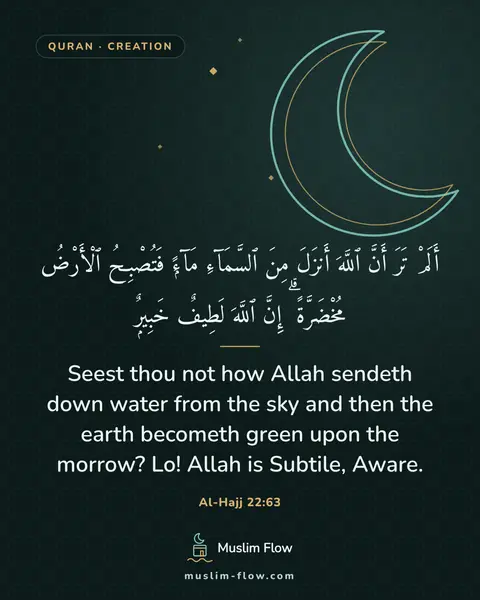 Al-Hajj 22:63: Seest thou not how Allah sendeth down water from the sky and then the earth becometh green upon the…