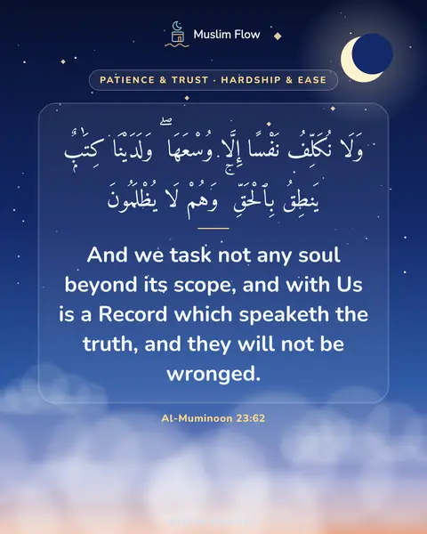Al-Muminoon 23:62: And we task not any soul beyond its scope, and with Us is a Record which speaketh the truth, and…