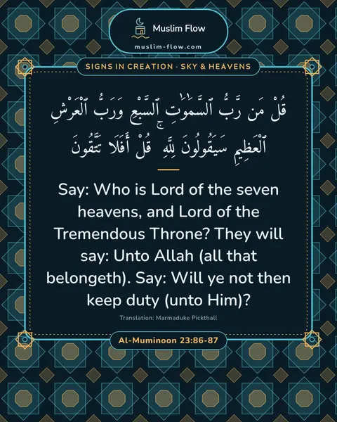 Al-Muminoon 23:86-87: Say: Who is Lord of the seven heavens, and Lord of the Tremendous Throne? They will say: Unto Allah…
