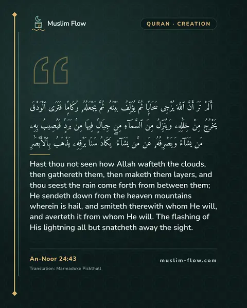 An-Noor 24:43: Hast thou not seen how Allah wafteth the clouds, then gathereth them, then maketh them layers, and…