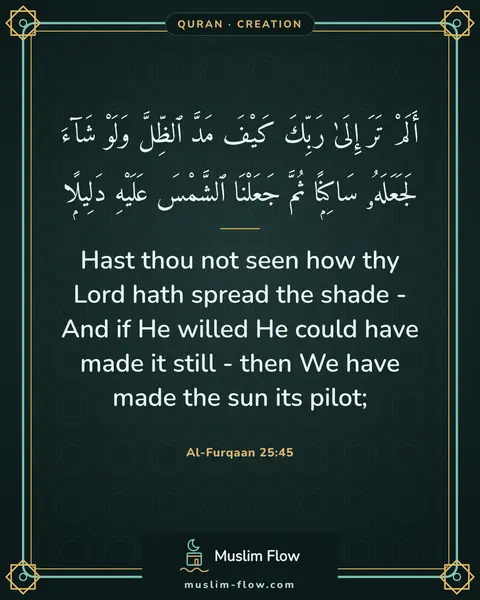 Al-Furqaan 25:45: Hast thou not seen how thy Lord hath spread the shade - And if He willed He could have made it…