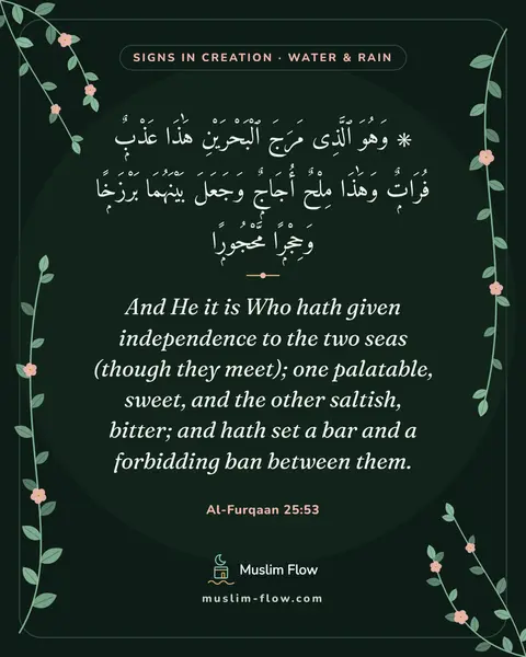 Al-Furqaan 25:53: And He it is Who hath given independence to the two seas (though they meet); one palatable, sweet…