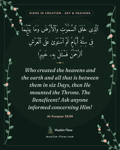 Al-Furqaan 25:59: Who created the heavens and the earth and all that is between them in six Days, then He mounted the…