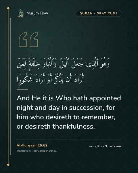 Al-Furqaan 25:62: And He it is Who hath appointed night and day in succession, for him who desireth to remember, or…