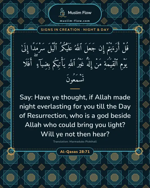 Al-Qasas 28:71: Say: Have ye thought, if Allah made night everlasting for you till the Day of Resurrection, who is…