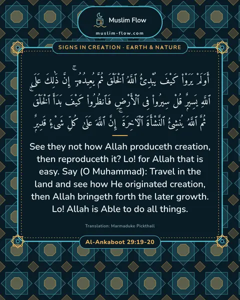 Al-Ankaboot 29:19-20: See they not how Allah produceth creation, then reproduceth it? Lo! for Allah that is easy. Say (O…