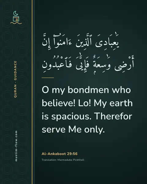 Al-Ankaboot 29:56: O my bondmen who believe! Lo! My earth is spacious. Therefor serve Me only.