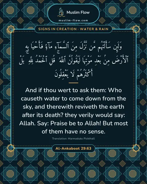 Al-Ankaboot 29:63: And if thou wert to ask them: Who causeth water to come down from the sky, and therewith reviveth…