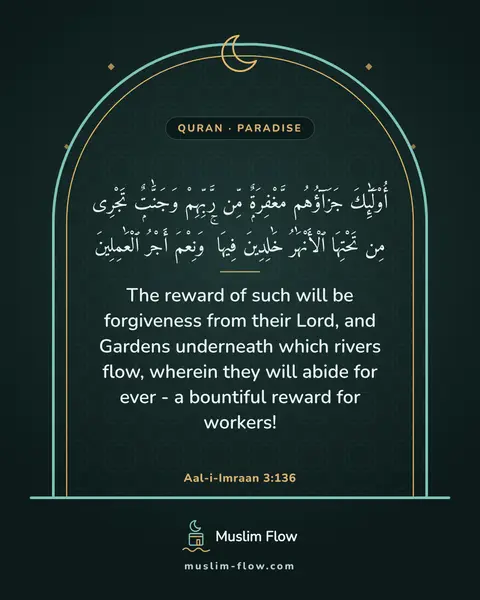 Aal-i-Imraan 3:136: The reward of such will be forgiveness from their Lord, and Gardens underneath which rivers flow…