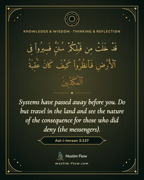 Aal-i-Imraan 3:137: Systems have passed away before you. Do but travel in the land and see the nature of the…