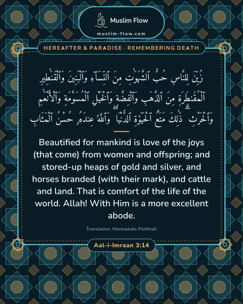 Aal-i-Imraan 3:14: Beautified for mankind is love of the joys (that come) from women and offspring; and stored-up…