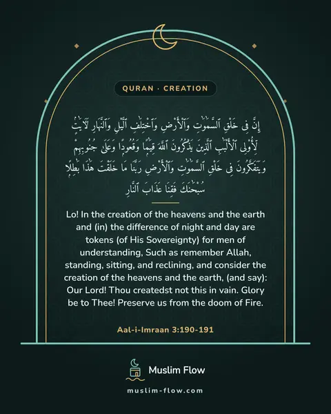 Aal-i-Imraan 3:190-191: Lo! In the creation of the heavens and the earth and (in) the difference of night and day are…
