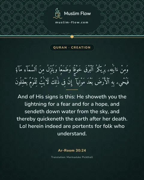 Ar-Room 30:24: And of His signs is this: He showeth you the lightning for a fear and for a hope, and sendeth down…