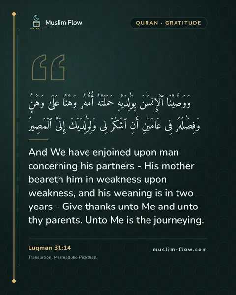 Luqman 31:14: And We have enjoined upon man concerning his partners - His mother beareth him in weakness upon…