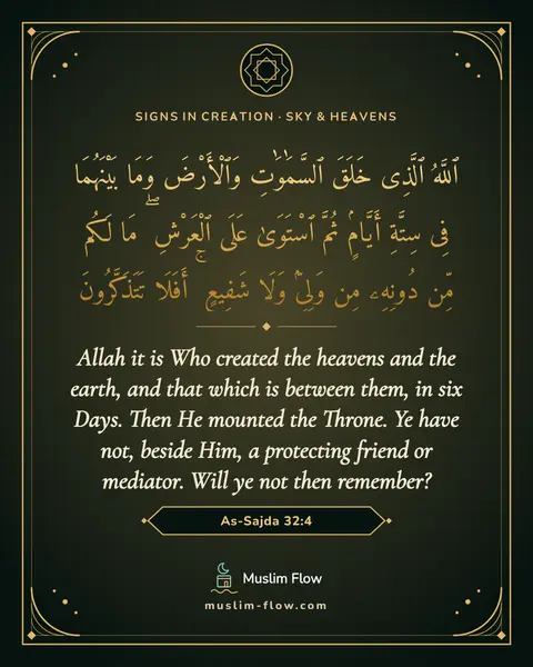As-Sajda 32:4: Allah it is Who created the heavens and the earth, and that which is between them, in six Days…