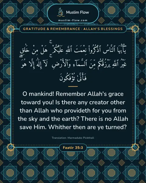 Faatir 35:3: O mankind! Remember Allah's grace toward you! Is there any creator other than Allah who provideth…