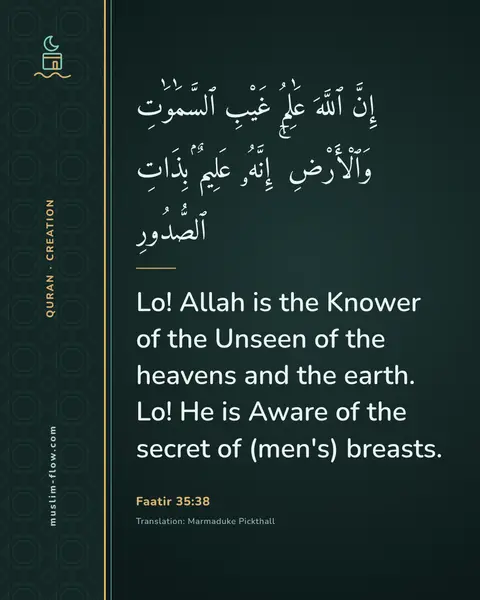 Faatir 35:38: Lo! Allah is the Knower of the Unseen of the heavens and the earth. Lo! He is Aware of the secret…