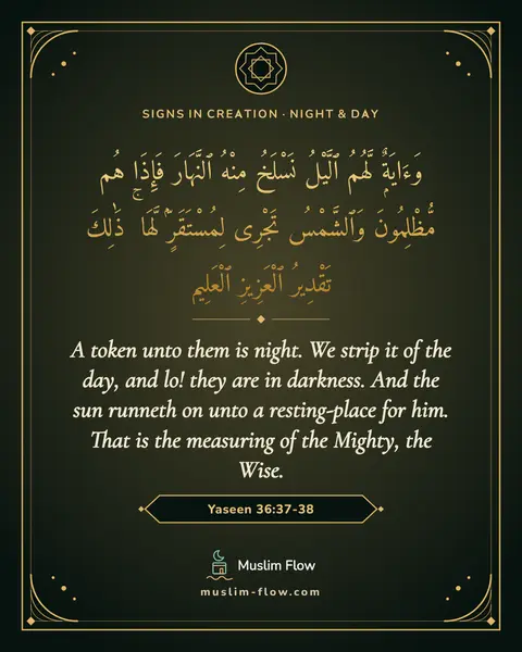 Yaseen 36:37-38: A token unto them is night. We strip it of the day, and lo! they are in darkness. And the sun…