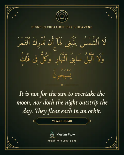 Yaseen 36:40: It is not for the sun to overtake the moon, nor doth the night outstrip the day. They float each in…